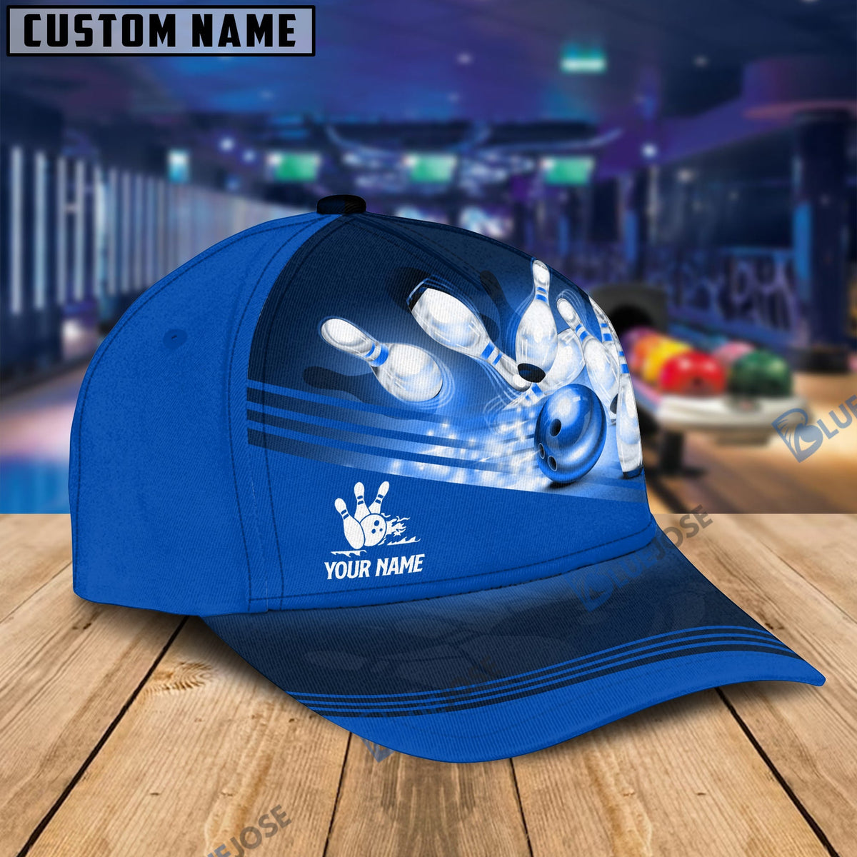 BlueJoses Red Bowling Ball Crashing into the Pins Personalized Name Cap