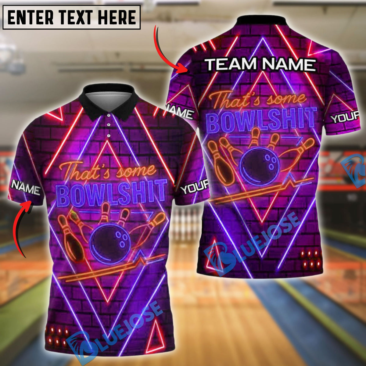 BlueJose Bowling And Pins Bowshit Neon Strike Customized Name, Team Name 3D Shirt (4 Colors)