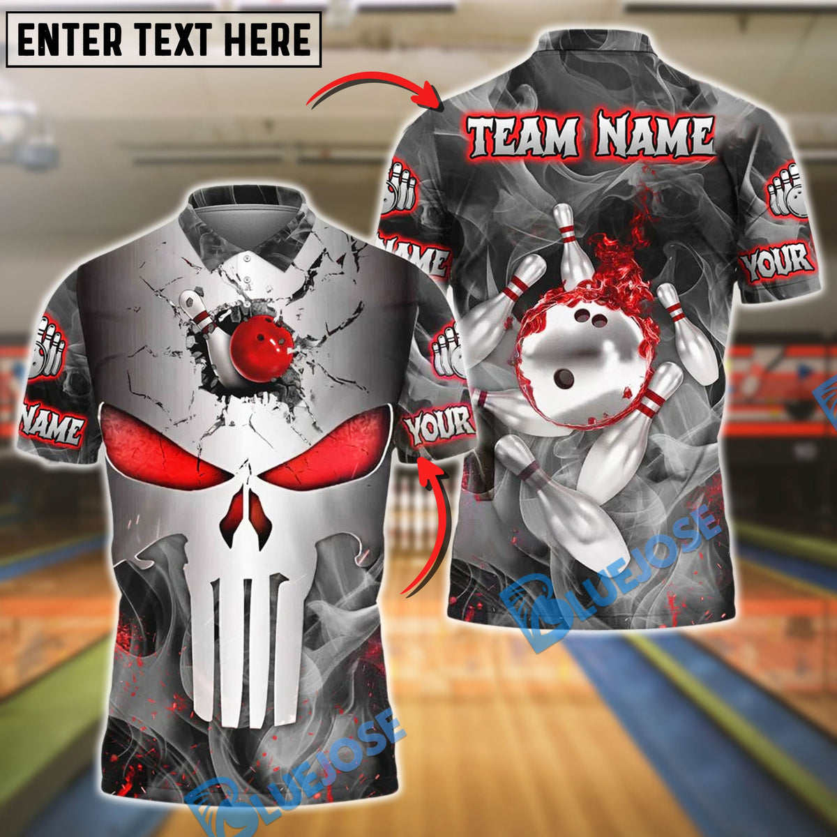 BlueJose Bowling And Pins Punisher Skull Metal Smoke Customized Name, Team Name 3D Shirt (4 Colors)