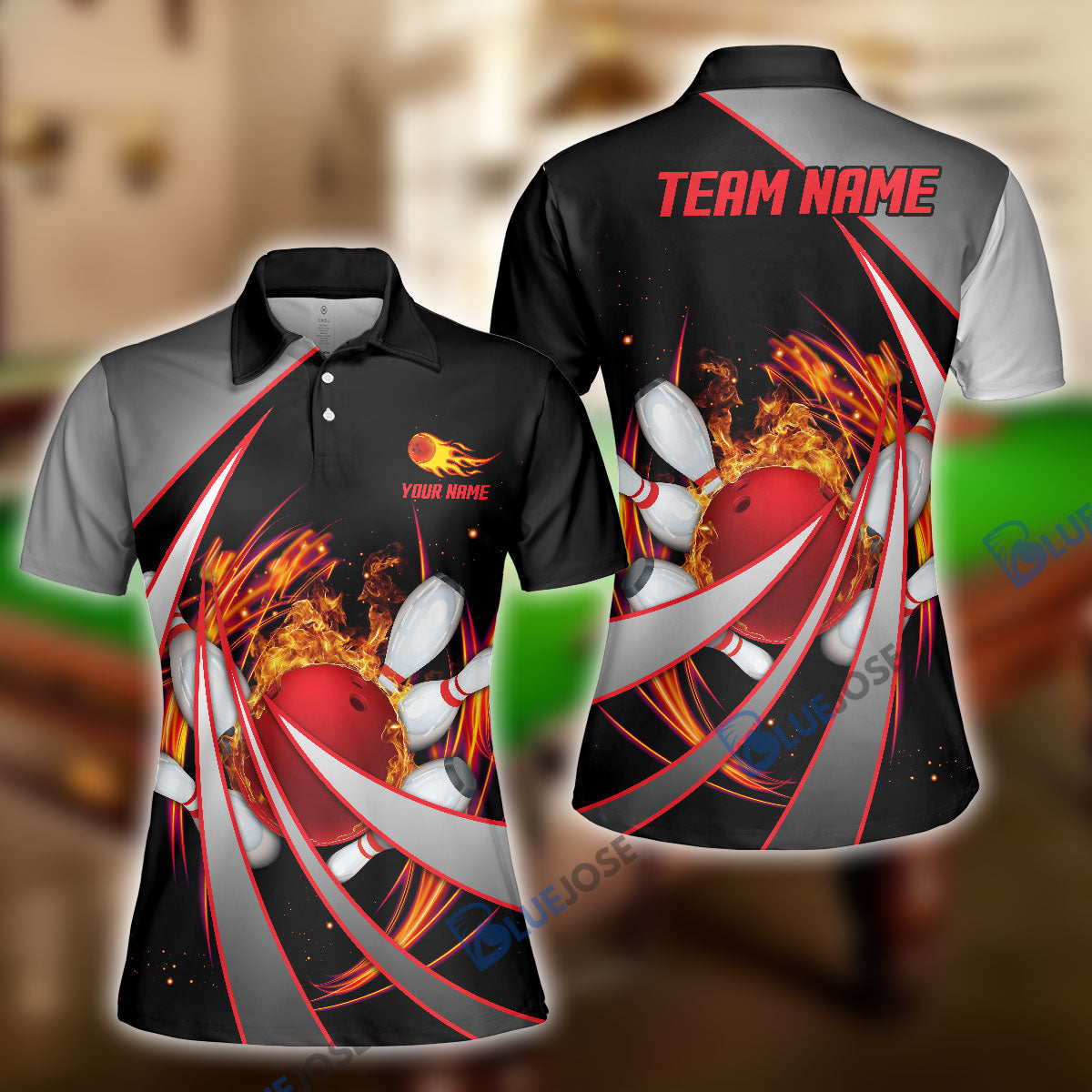 BlueJose Flame Bowling And Pins Tornado Pattern Multicolor Customized Name 3D Shirt for Women
