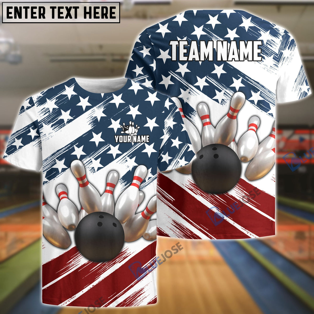 BlueJose Bowling US Flag Customized Name, Team Name 3D Shirt