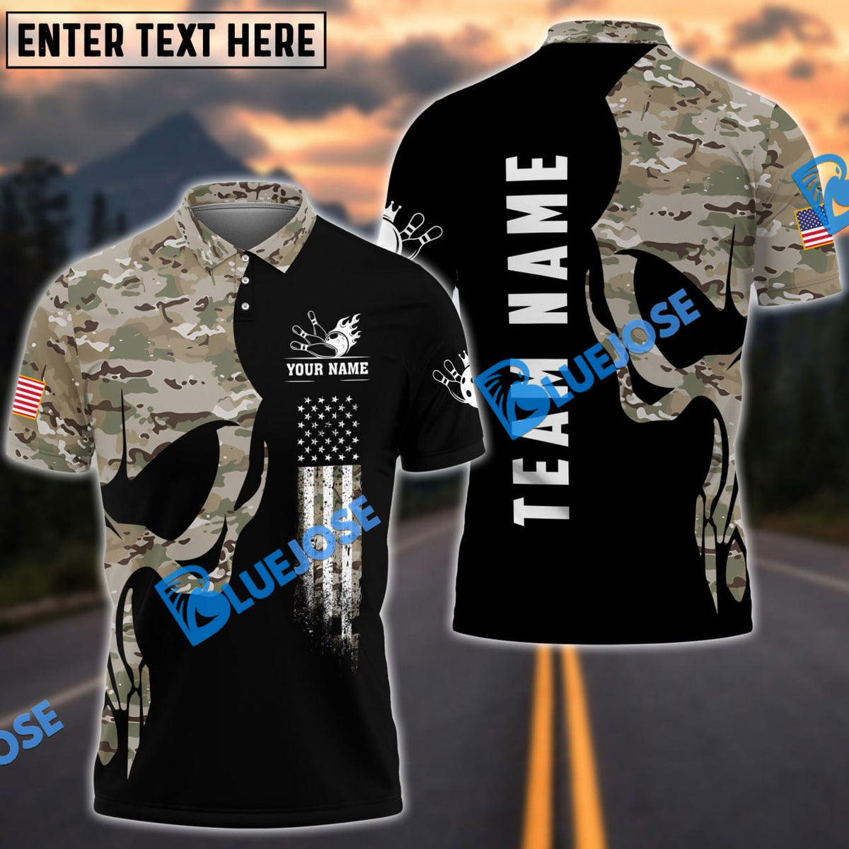 BlueJose Bowling And Pins Skull Army Flag Custom Polo Shirts